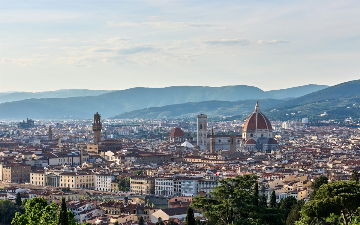 Florence's rooftops with the Palazzo Vecchio tower and the Duomo